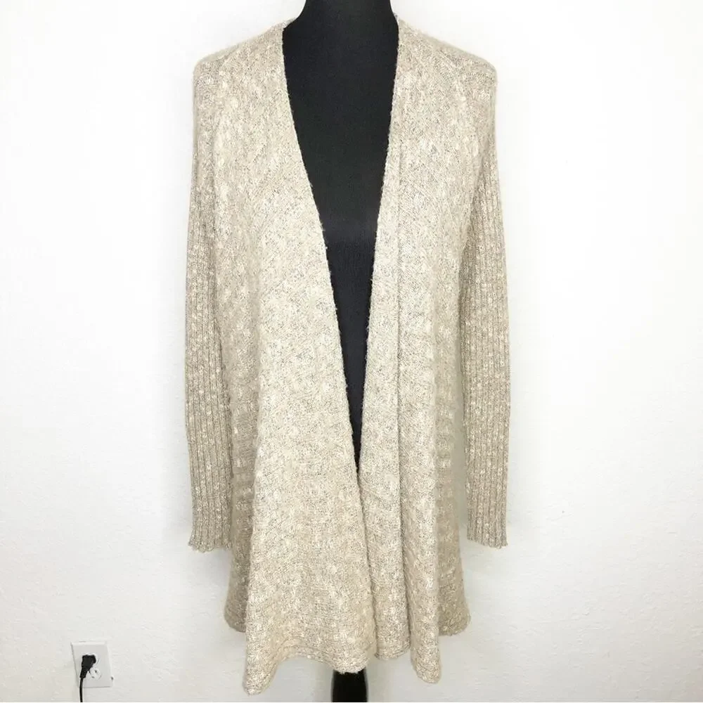 Free People Beached Shell tan ribbed open front wool blend cardigan size Small